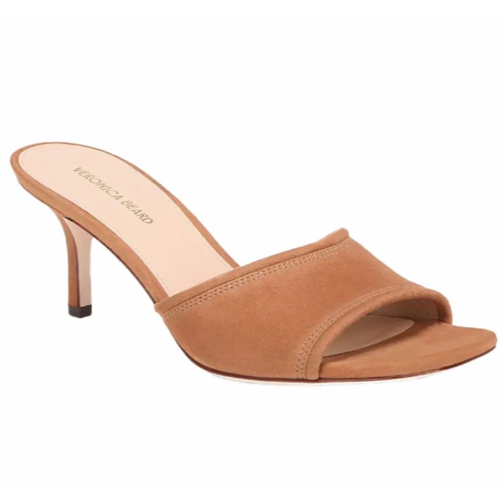 Veronica Beard Tan Suede Open-Toe Mule Heels